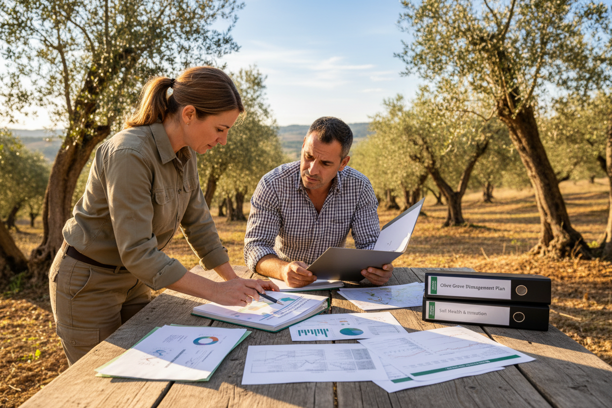 Quiero una imagen que transmitan un infoproducto de asesoramiento, en este caso del campo y la agricultura, quiero destacar que se trata de asesoramiento de una experta en la materia para jóvenes del campo (35 a 41 años), no muestres mas de 2 personas, quiero que se vean más documentaciones con un fondo en un campo de olivos por ejemplo